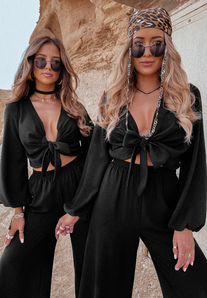 Sexy Long Sleeves Tops & Wide Legs Pants Women Suits