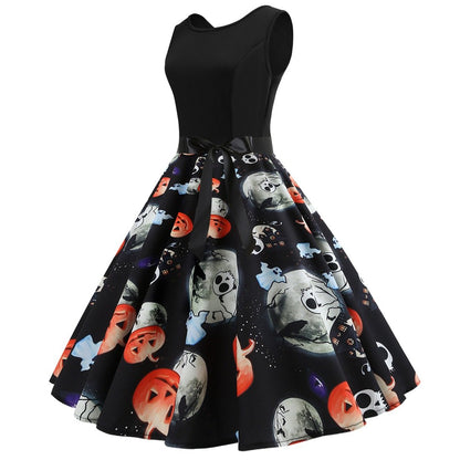 Vintage Pumpkin Skeleton Print Dresses-STYLEGOING