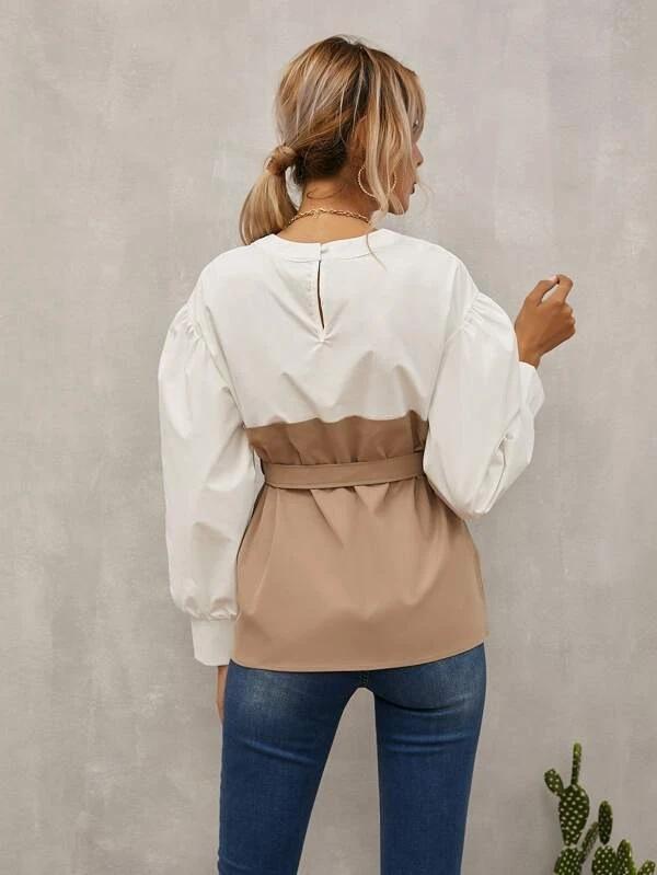 Long Puff Sleeves Belt Loose Shirts-STYLEGOING