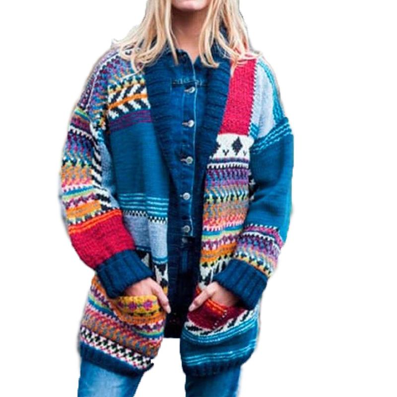 Blue Women Knitting Fall Sweaters with Pocket-STYLEGOING