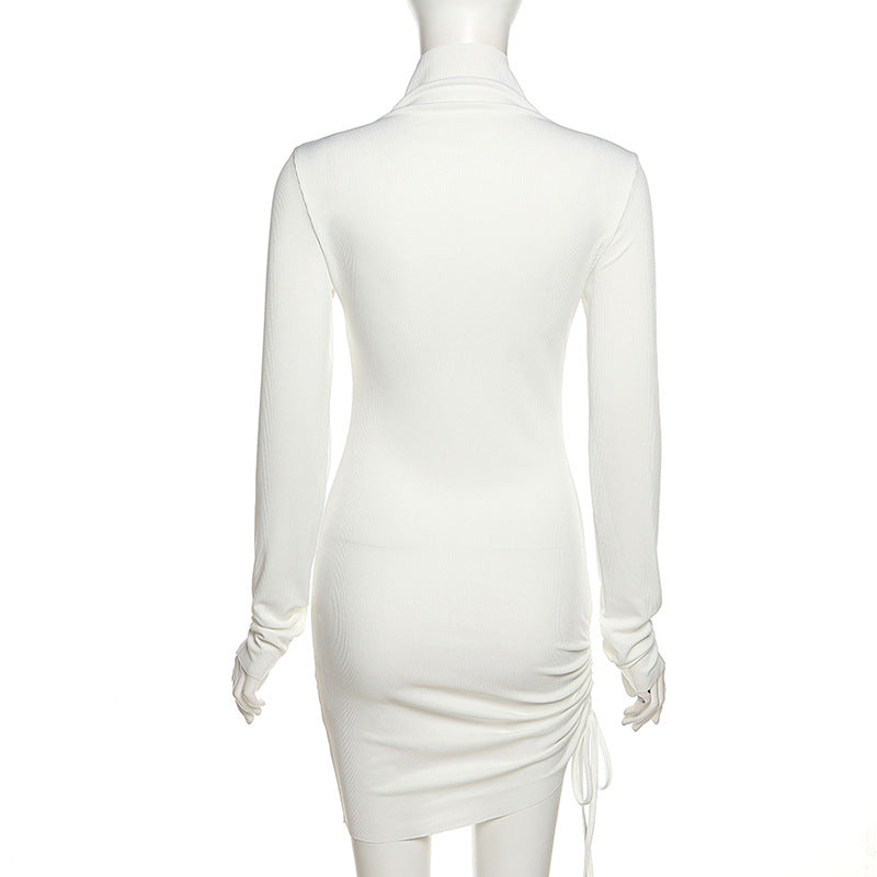 Sexy Women High Neck Drawstring Bodycon Fall Short Dresses