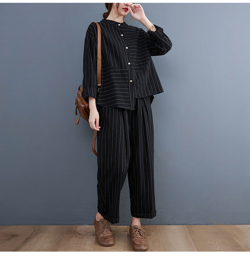 Vintage Striped Linen Plus Sizes Two Pieces Suits