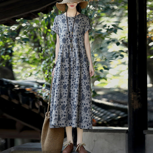Vintage Linen Short Sleeves Midi Dresses