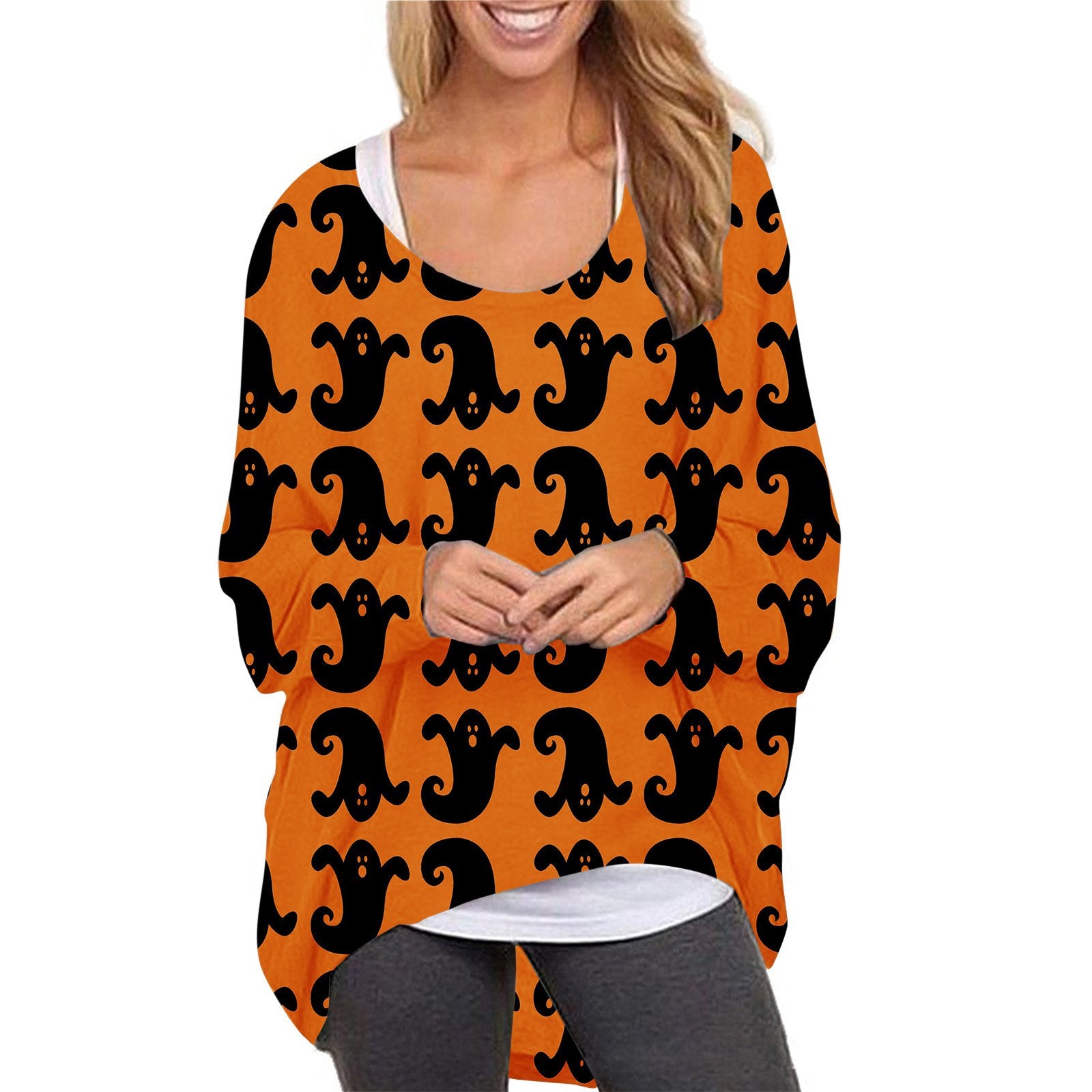 Women Halloween Pumpkin Print Long Sleeves Tops-STYLEGOING