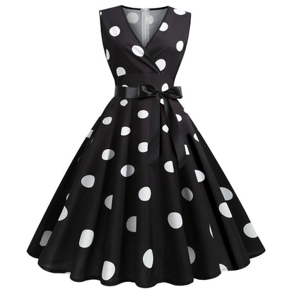 Casaul Sleeveless Dot Print Vintage Dresses-STYLEGOING