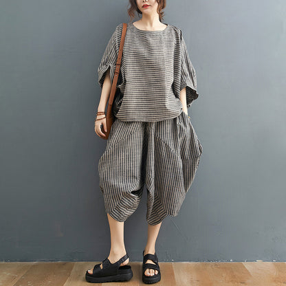 Linen Striped Plus Sizes 2pcs Women Summer Outfits