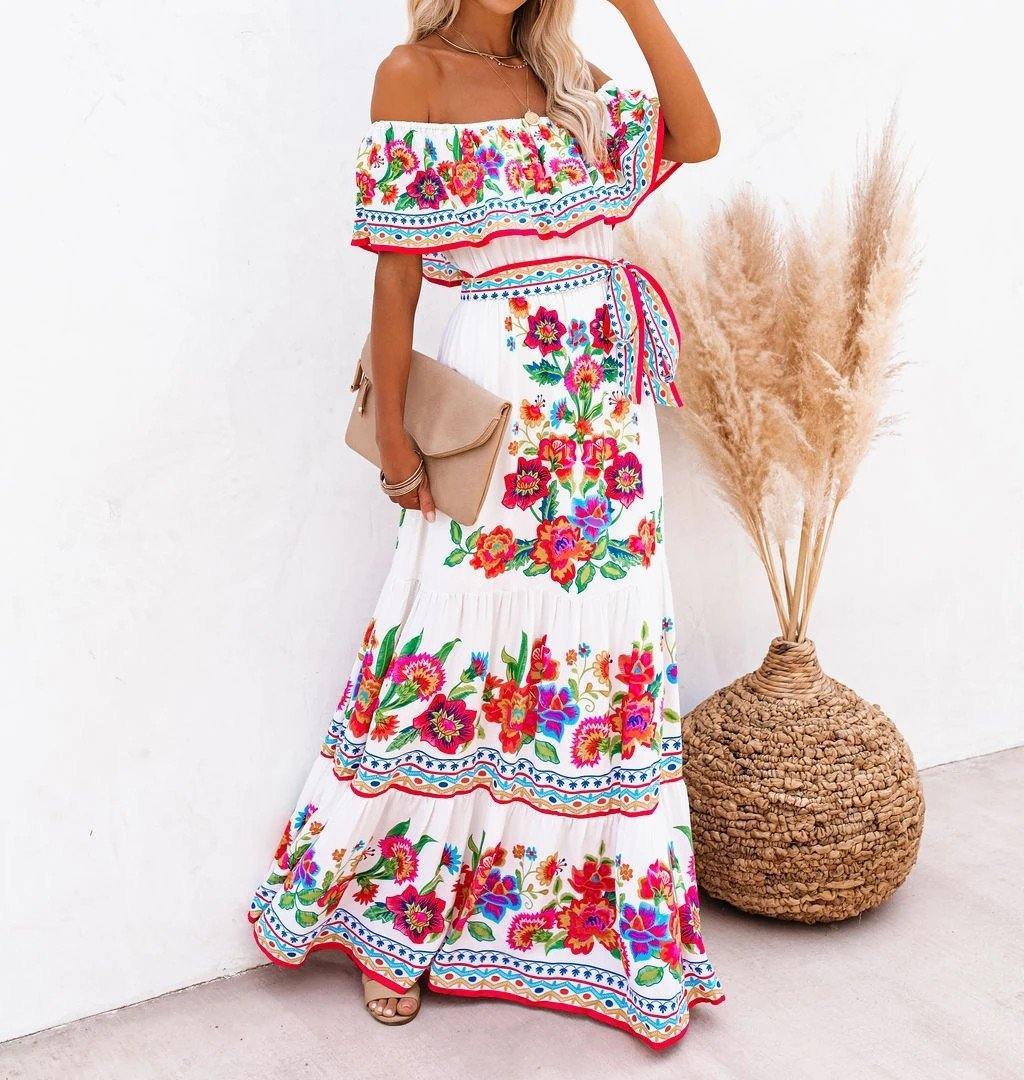 Summer Off The Shoudler Floral Print Long Dresses-STYLEGOING