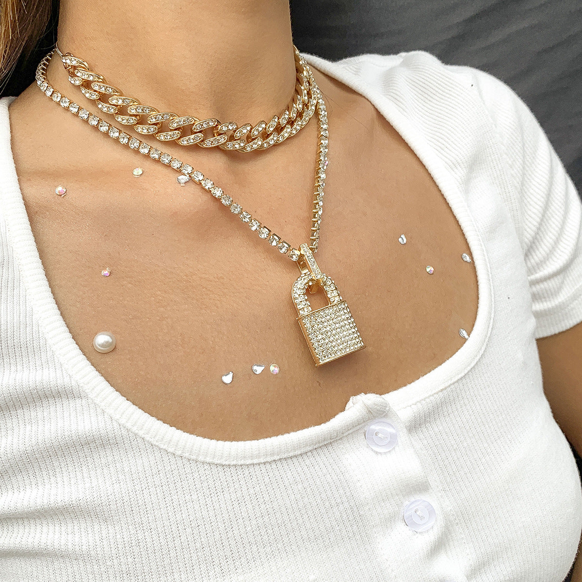 Creative Lock Design Rhinestone Clavicle Necklace for Women