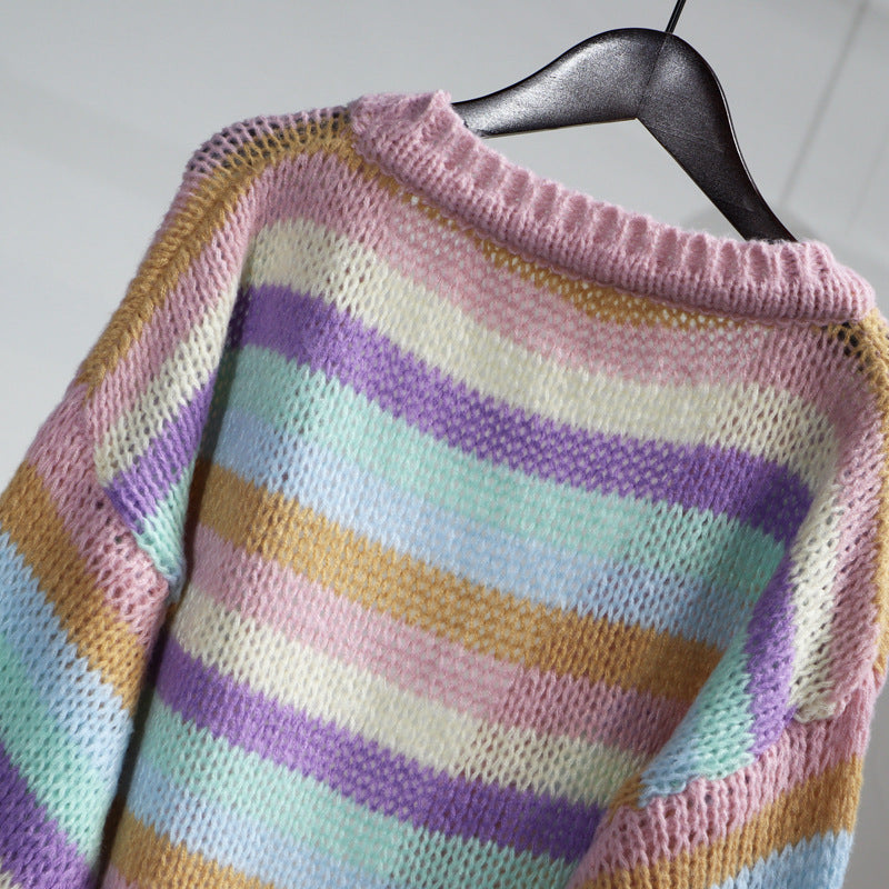 Colorful Striped Women Knitted Cardigan Outerwear
