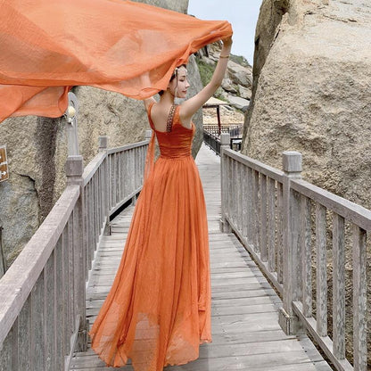 Orange Women Holiday Long Dresses-STYLEGOING