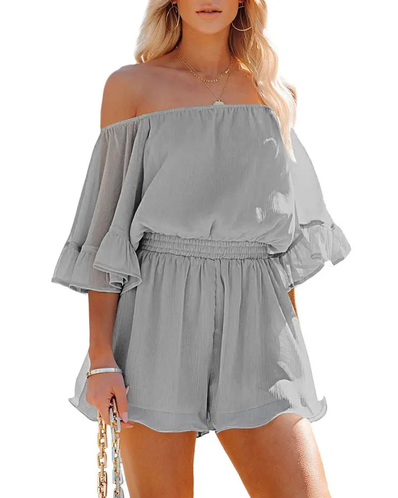 Summer Chiffon Off The Shoulder Tops & Pants Suits