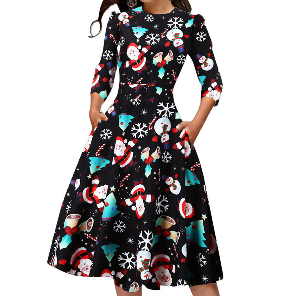 Merry Christmas Round Neck 3/4 Length Short Dresses