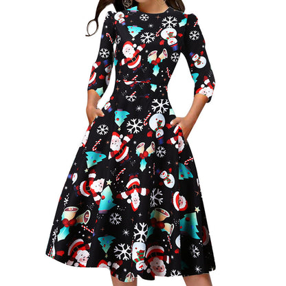 Merry Christmas Round Neck 3/4 Length Short Dresses
