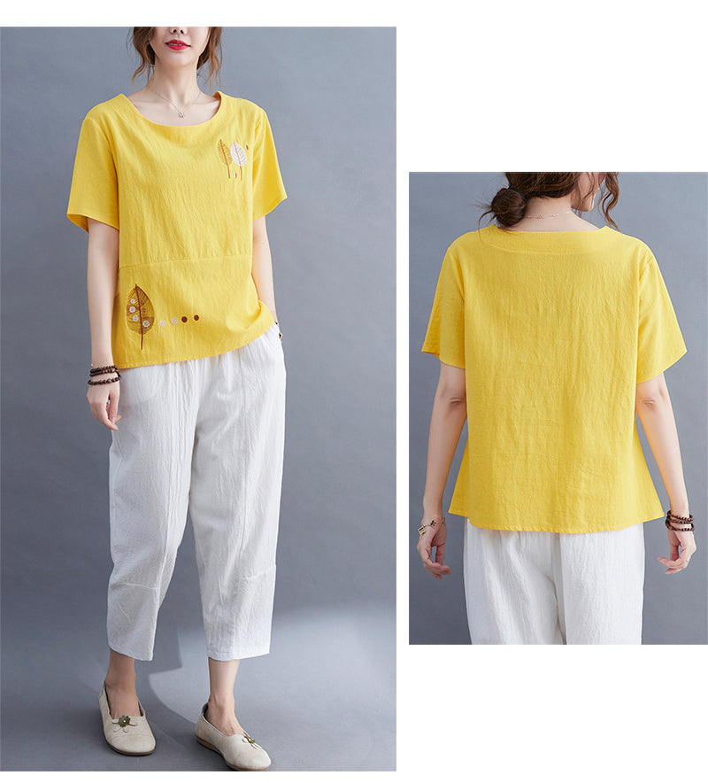 Casual Linen Short Sleeves Women Blouses