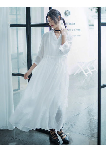 Casual Linen Half Sleeves Drawstring Long Cozy Dresses