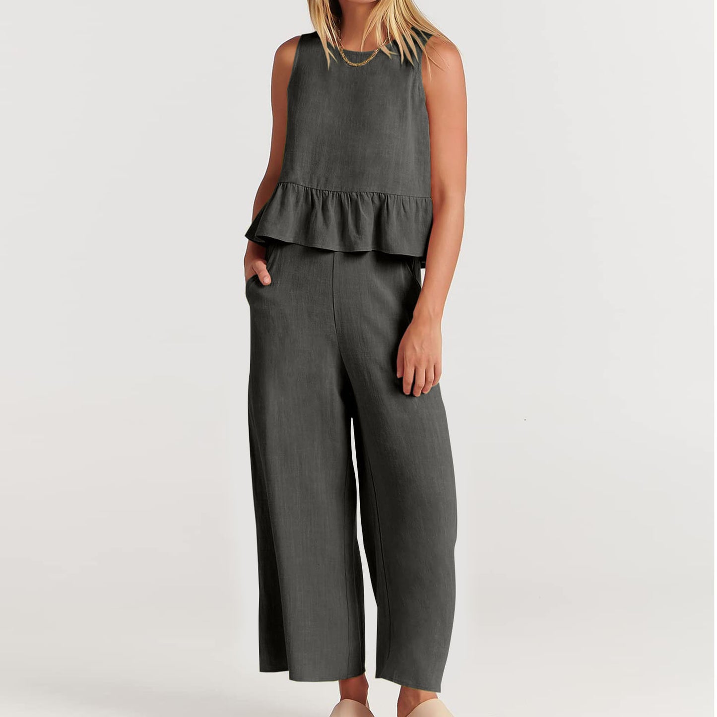 Summer Sleeveless Linen Two Pieces Women Suits