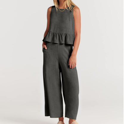 Summer Sleeveless Linen Two Pieces Women Suits