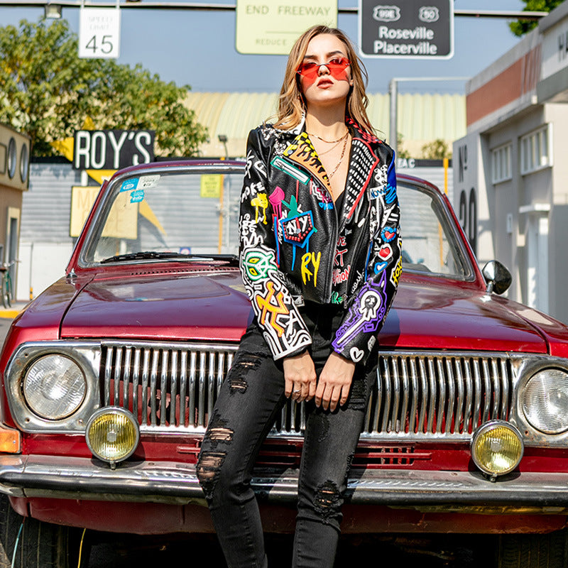 Fashion Grafitti Design Women PU Jacket Coat