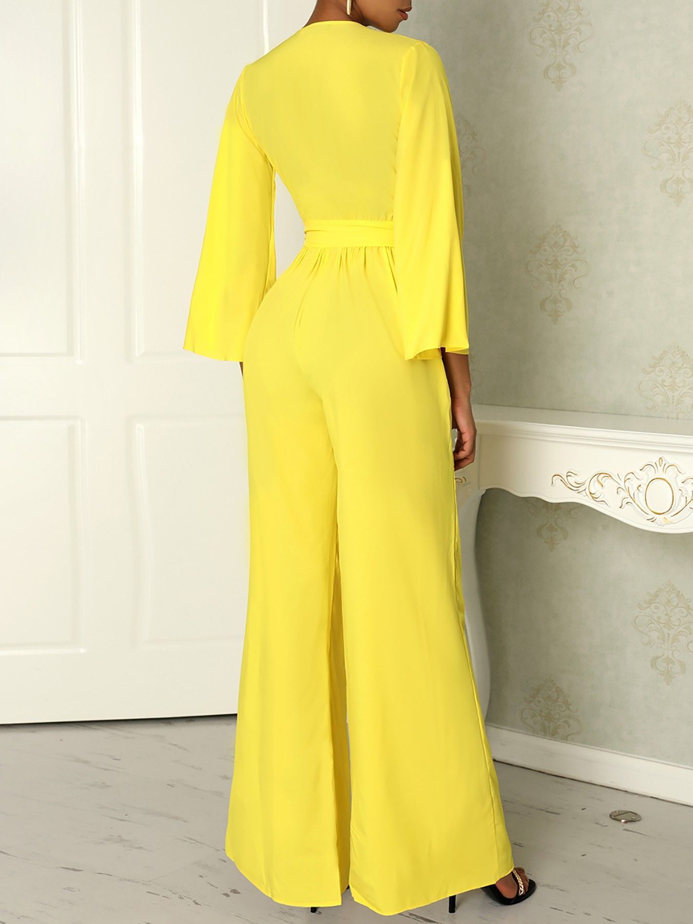 Yellow Long Sleeves V Neck Jumpsuits-STYLEGOING