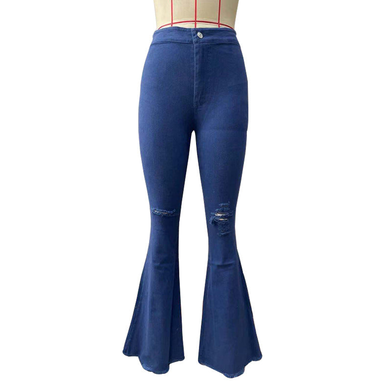 Sexy Broken Holes Trumpet Elastic Jeans