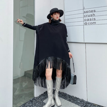 Vintage Tassels Turtleneck Black Dresses for Women