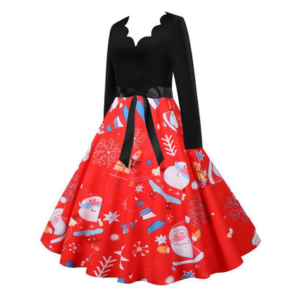 Red V Neck Long Sleeves Christmas Dresses