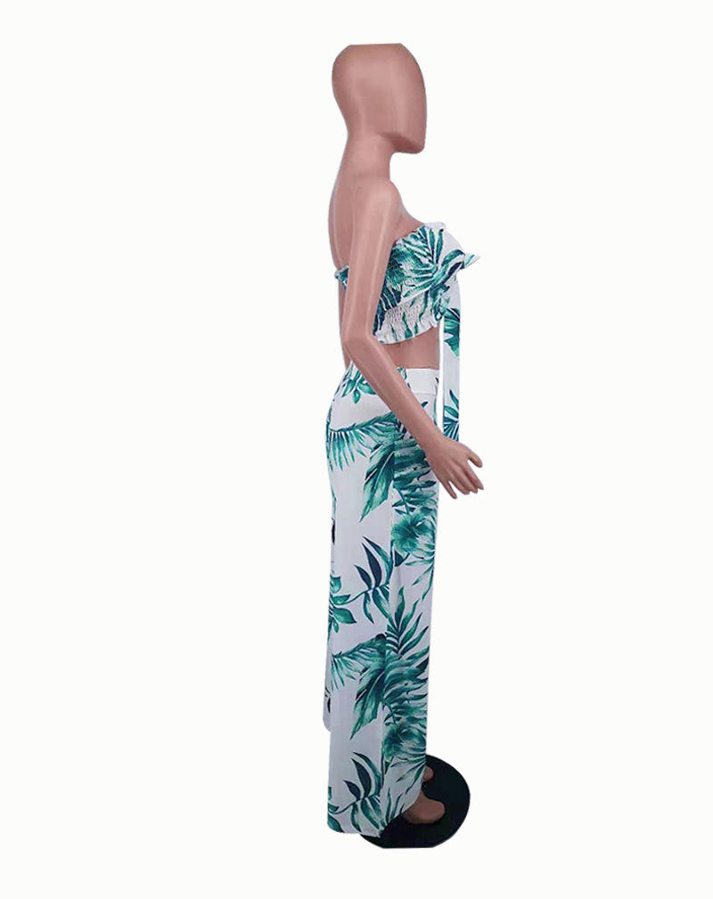 Summer Sexy Leaf Print Two Pieces Suits