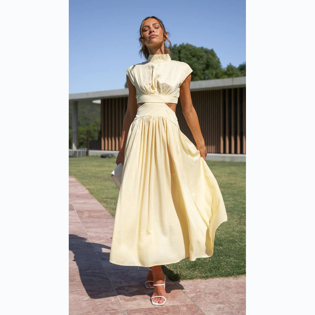 Fashion Stand Collar Waist Baring Summer Long Dresses