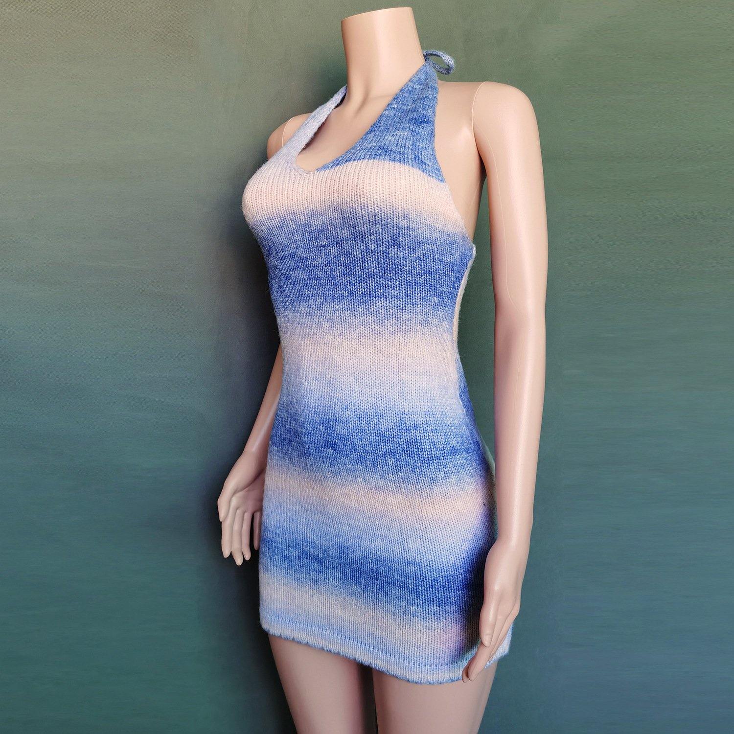 Sexy Deep V-neck Rainbow Knitting Dresses-STYLEGOING