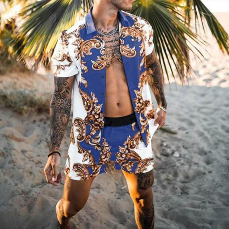 Blue Summer Floral Print Men Casual Suits-STYLEGOING