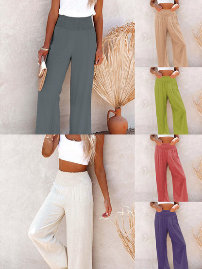Casual Elastic Waist Linen Wide Legs Pants