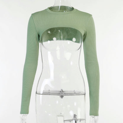 Sexy Designed Midriff Baring Long Sleeves Cover and Crop Top Sets