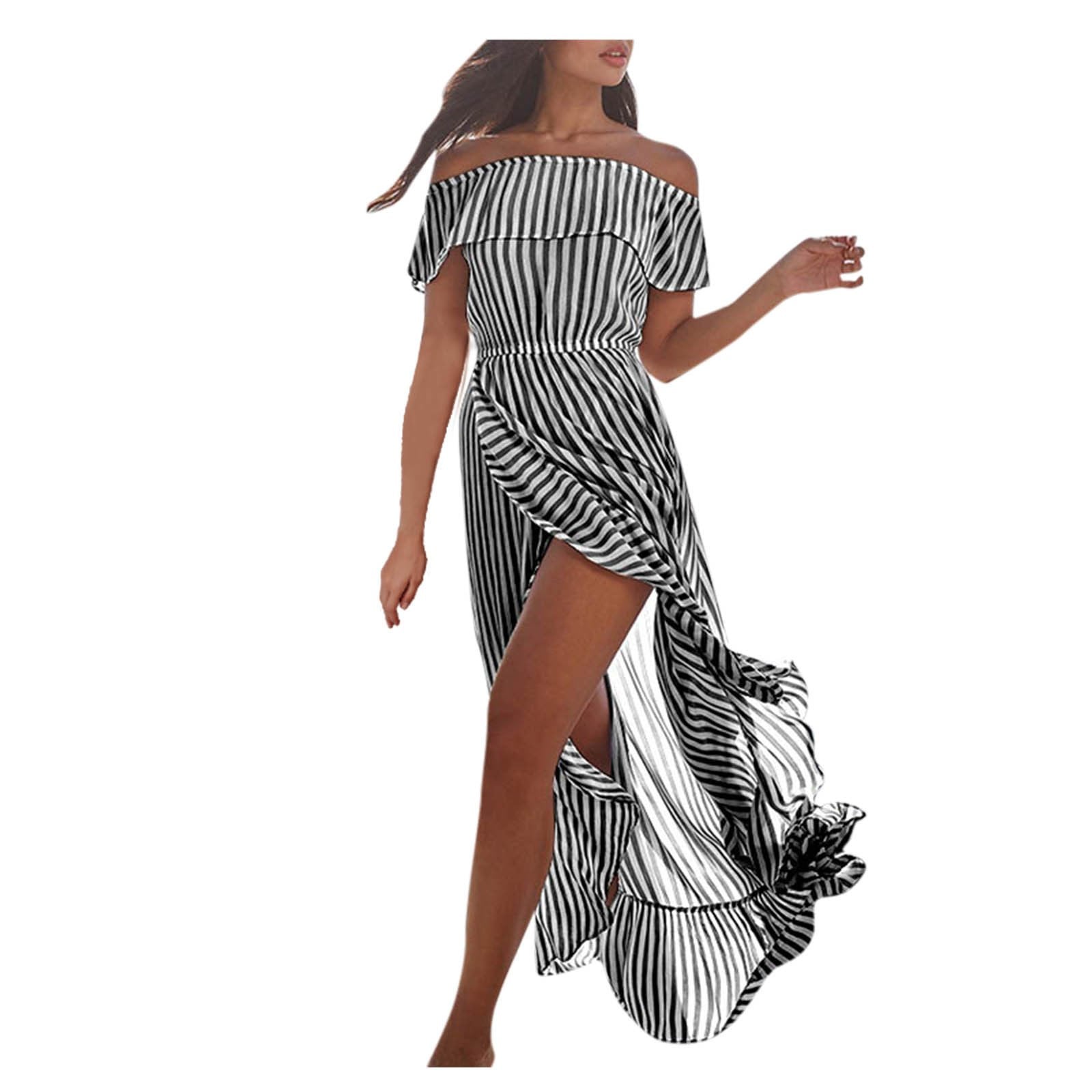 Off The Shoudler Striped Irregular Long Dresses-STYLEGOING