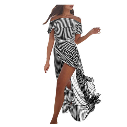 Off The Shoudler Striped Irregular Long Dresses-STYLEGOING
