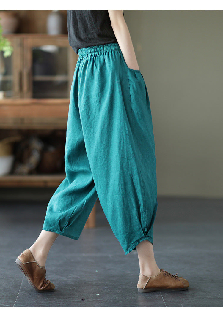 Vintage Elastic Waist Linen Summer Trousers for Women