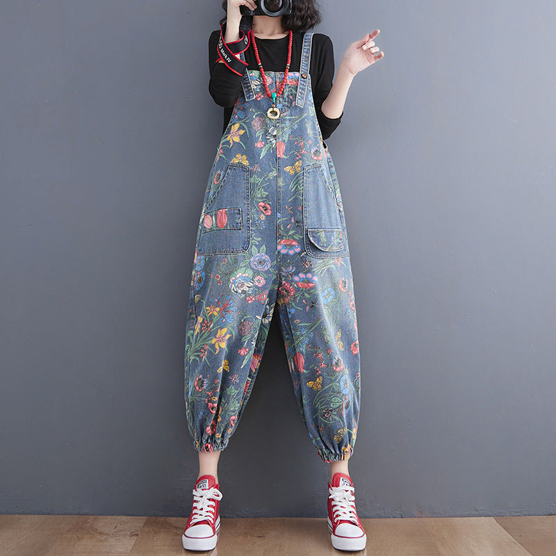 Casual Floral Print Women Denim Suspender Pants