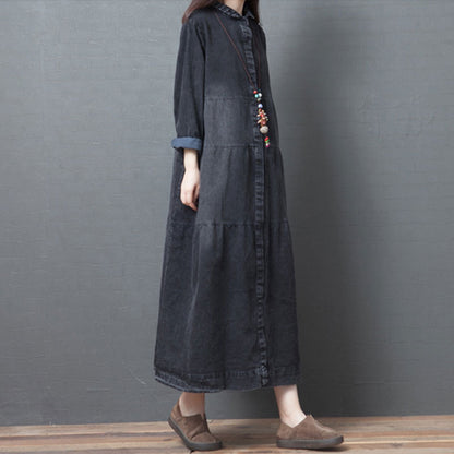 Casual Denim Polo Neck Plus Sizes Long Maxi Dresses