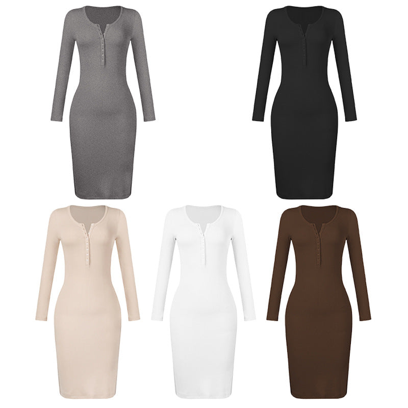 Elegant Button Design Long Sleeves Dresses