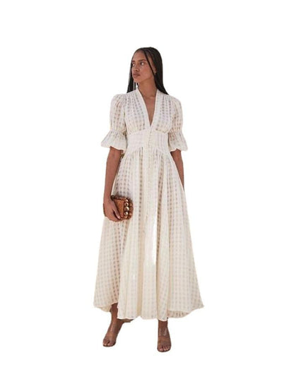 White Classy High Waist Plaid Long Dresses-STYLEGOING