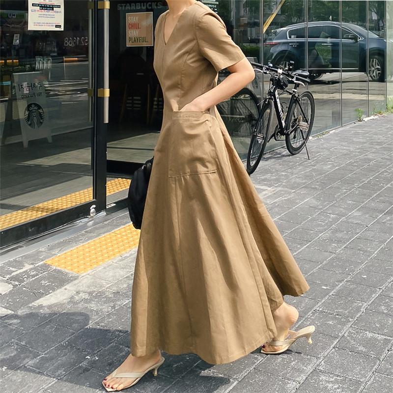 Women Short Sleeves Pocket V Neck Long Maxi Dresses-STYLEGOING