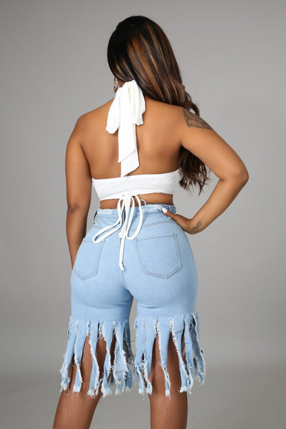 Casual Broken Holes Tassels Short Jeans