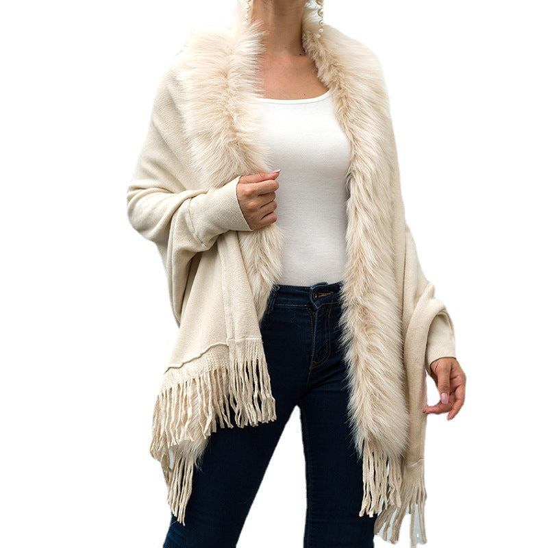 Women Winter Tassels Fur Collar Cardigan Overcoat