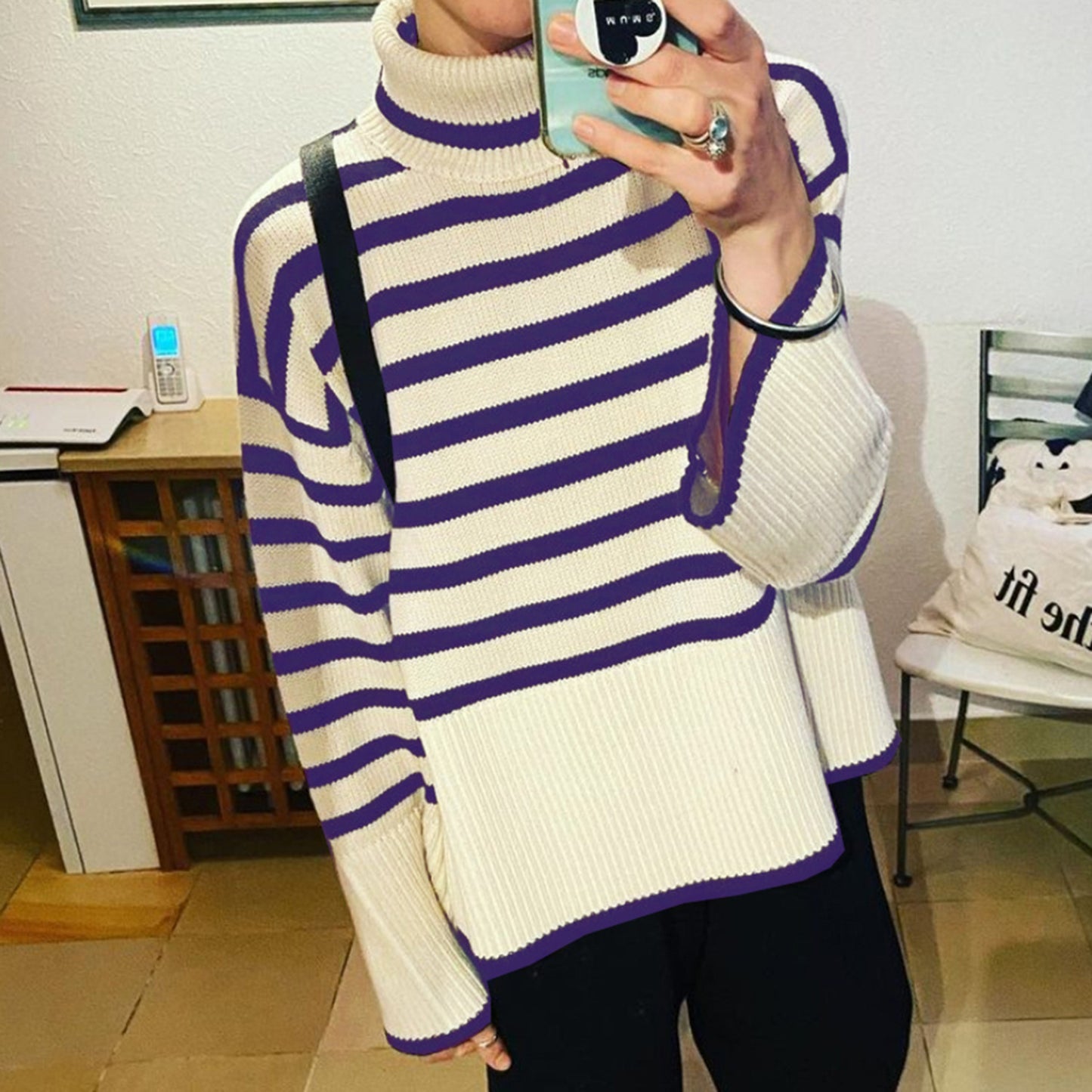 Women High Neck Knitting Striped Sweaters