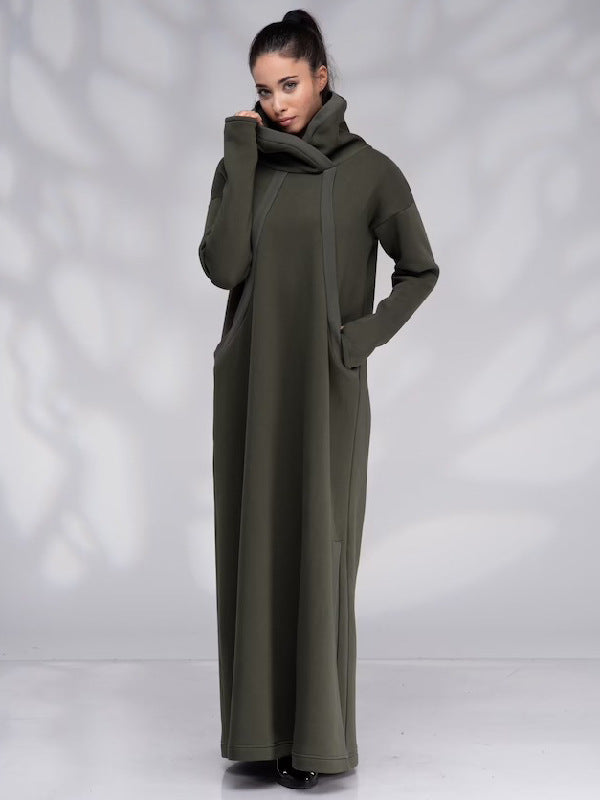 Casual Army Green High Neck Fall Long Dresses