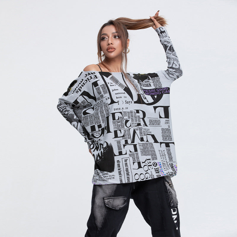 Casual Newspaper Pattern Women Loose Long Sleeves Shirts