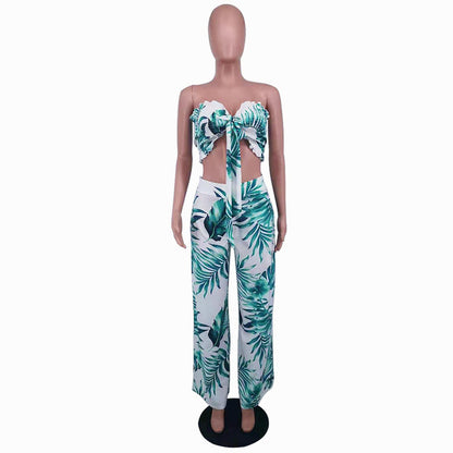 Summer Sexy Leaf Print Two Pieces Suits