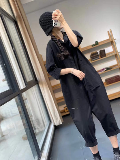 Women Turnover Collar Half Sleeves Jumpsuits-STYLEGOING