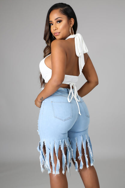 Casual Broken Holes Tassels Short Jeans
