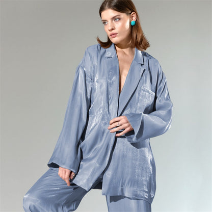 Casual Satin Women Long Sleeves Shirts and Wide Leg Pants
