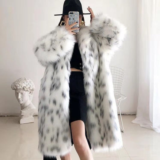 Winter Warm Artificial Fox Fur Long Overcoat for Women